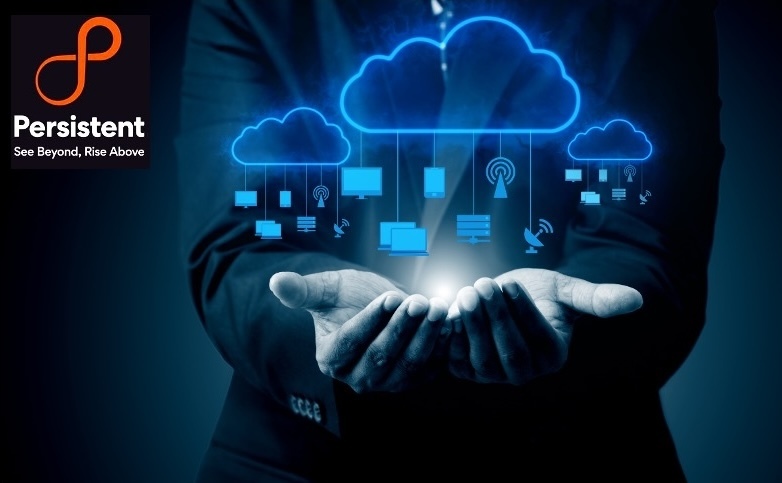 A professional holding three digital clouds with computers, beacons, and satellites suspended from them, featuring the Persistent Systems logo and tagline 